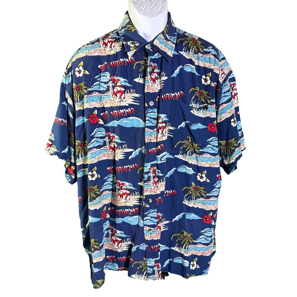 Big Dogs Button Down Shirt Mens XL Blue Big Kahuna Surfing Dog Rayon Hawaiian